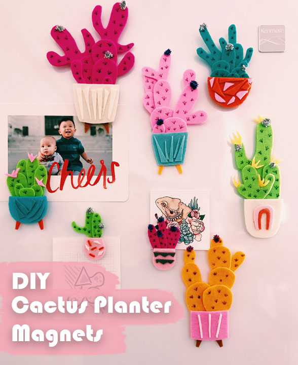 DIY cactus planter magnets - you can make these colorful magnets out of scrap felt. They're like little mid century pieces of candy for your refrigerator.