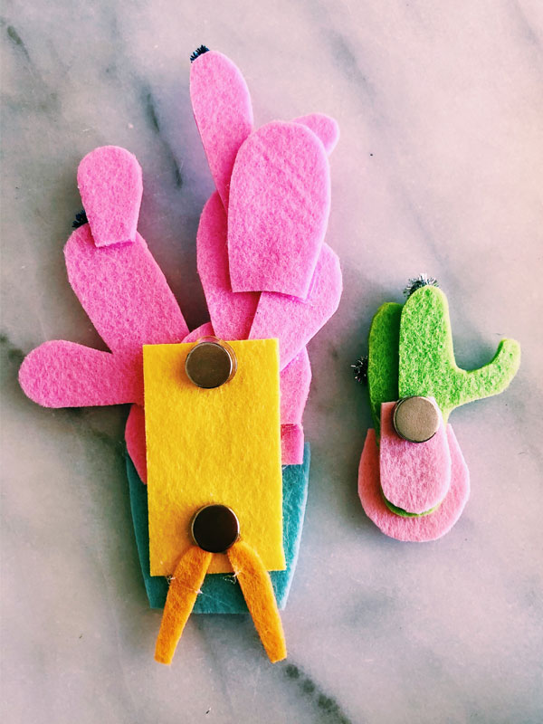 When you're done with your cactus planter design, flip it over and add a piece or two of felt to even out the back. This makes the surface easier to hot glue the magnets.